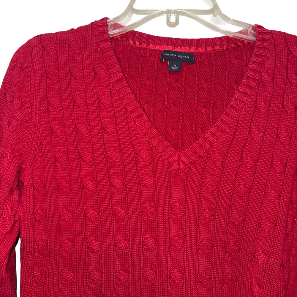 Vintage Tommy Hilfiger Womens Red V Neck Cable Knit Cotton Sweater Preppy MED - Picture 6 of 7